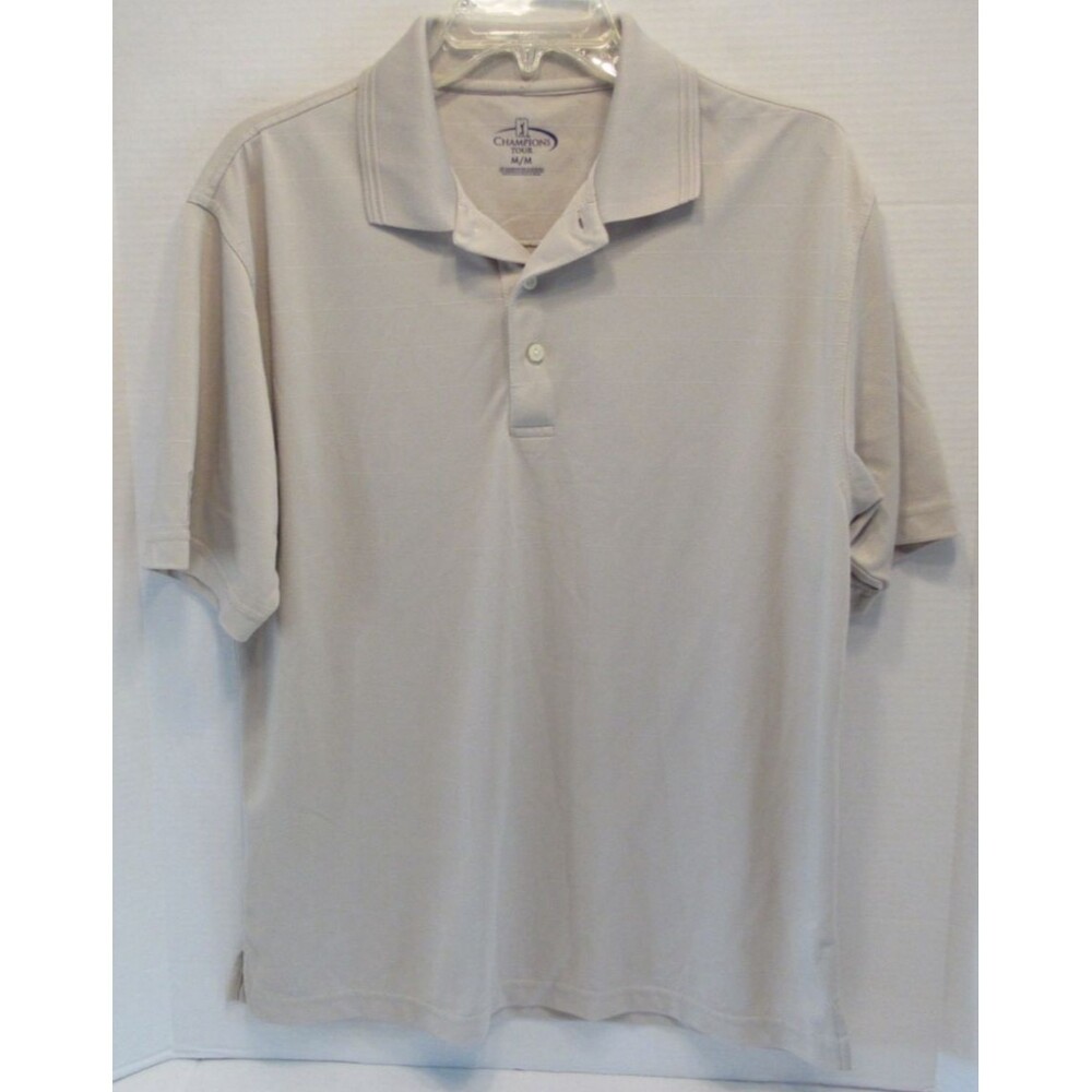 Mens Light Tan Champions Tour Short Sleeve Collared 3 Button Golf Shirt Size M
